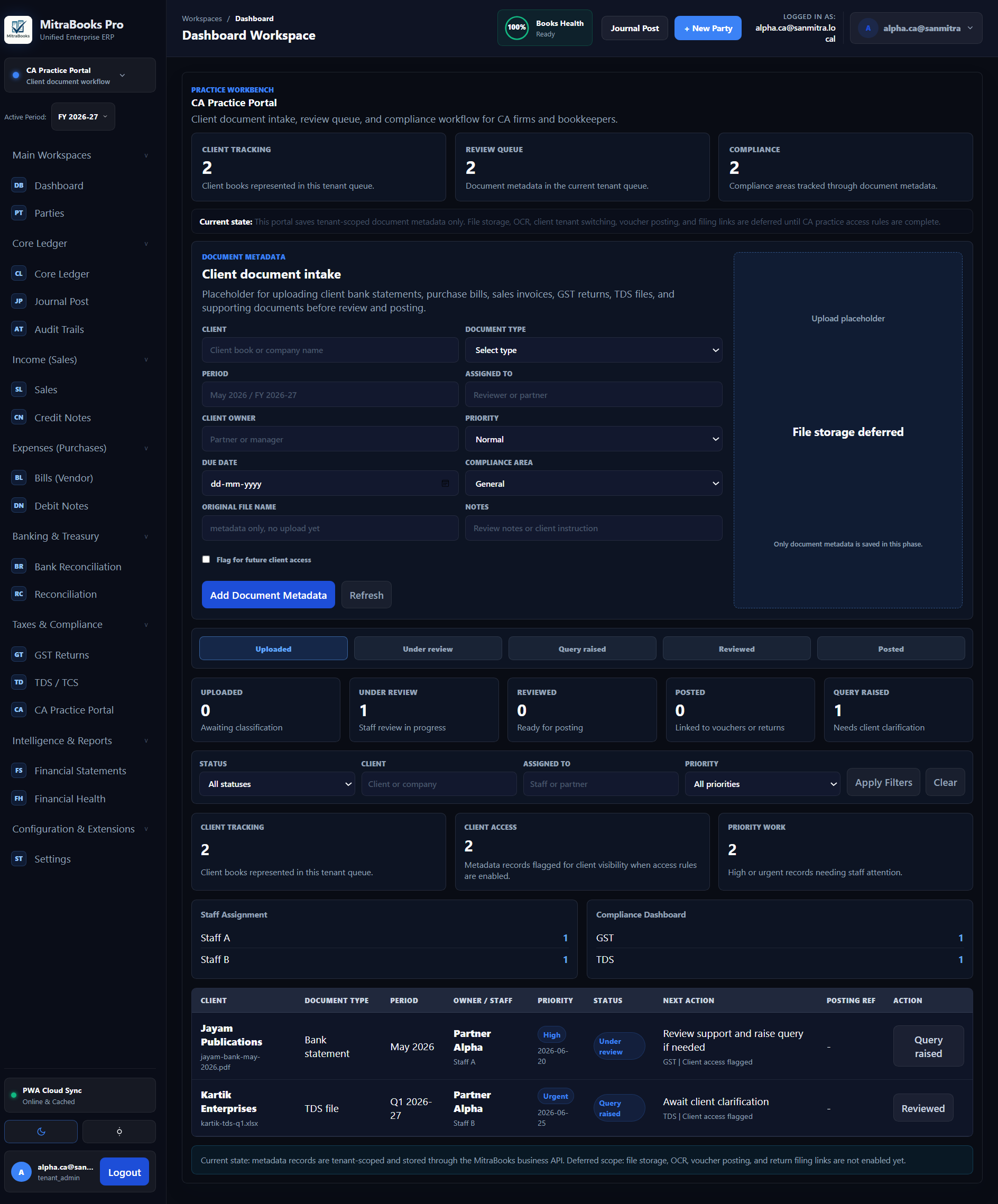 CA Practice Portal document metadata queue with staff assignment and compliance dashboard